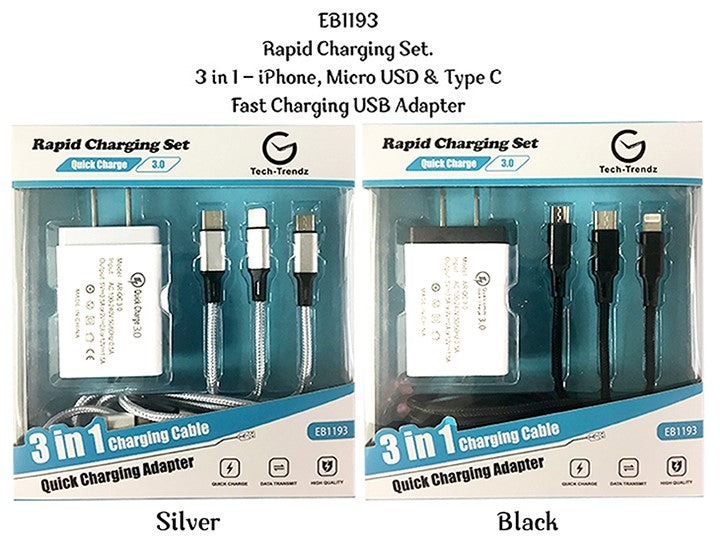 3 in 1 Quick Charging Cord & Adapter Set